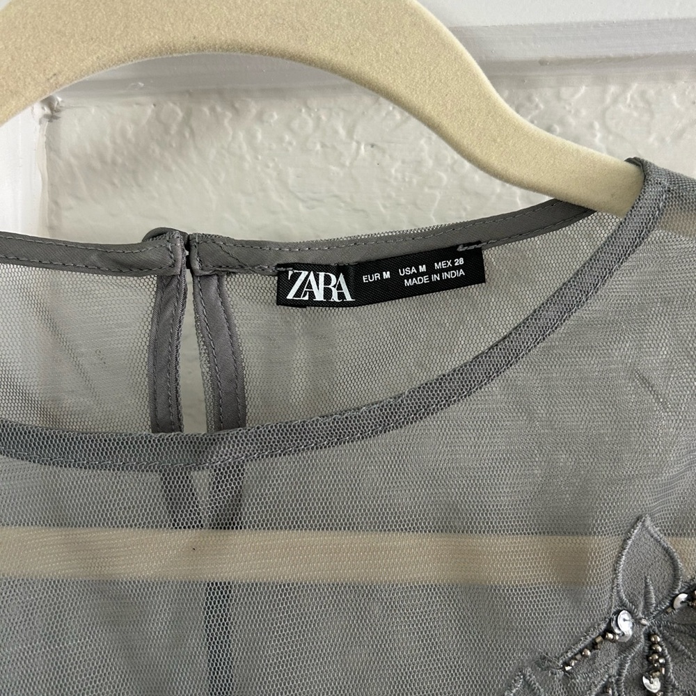 NWOT, Zara embroidered mesh bodysuit, floral blue/grey, Size M - Picture 3 of 7